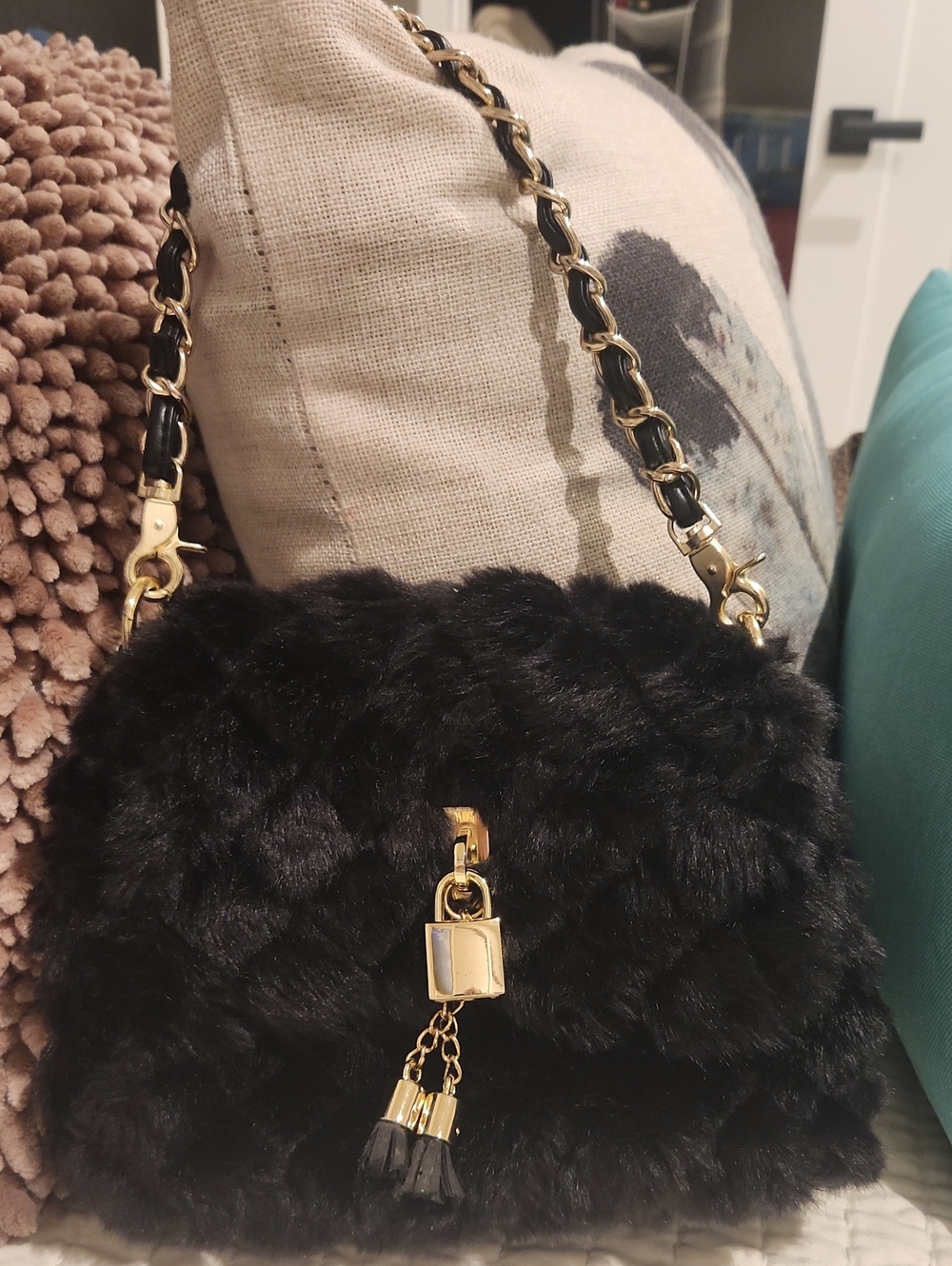 Bueno Black Faux Fur Mini Shoulder Bag with Gold Chain